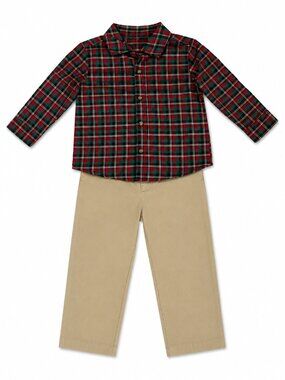 NWT Carter's Baby Boy 2 Piece Plaid Shirt & Khaki Pants Outfit Size 12 Months